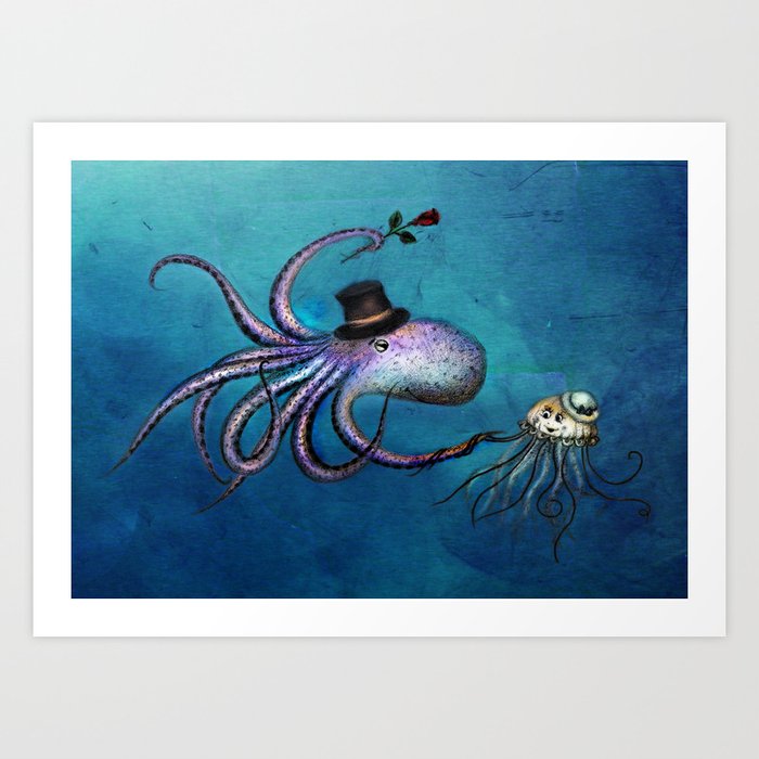 Underwater Love // octopus jellyfish Art Print