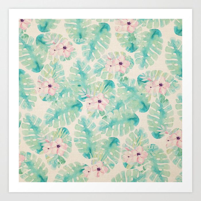 Blush pink green watercolor tropical ivory floral Art Print