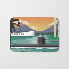 Pearl Harbor, HI - Retro Submarine Travel Poster Badematte | Retro, Drawing, Travel, Usearizona, Honolulu, Pearlharbor, Vintage, Travelposter, Digital, Submarine 