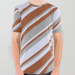 [ Thumbnail: Lavender, Sienna & Dark Grey Colored Lines/Stripes Pattern All Over Graphic Tee ]
