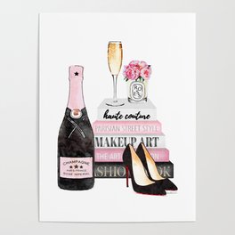 Champagne, pink, books, shoes, peonies, Peony, Fashion illustration, Fashion, Amanda Greenwood Poster