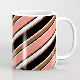 [ Thumbnail: Salmon, Brown, Black & Light Cyan Colored Pattern of Stripes Coffee Mug ]
