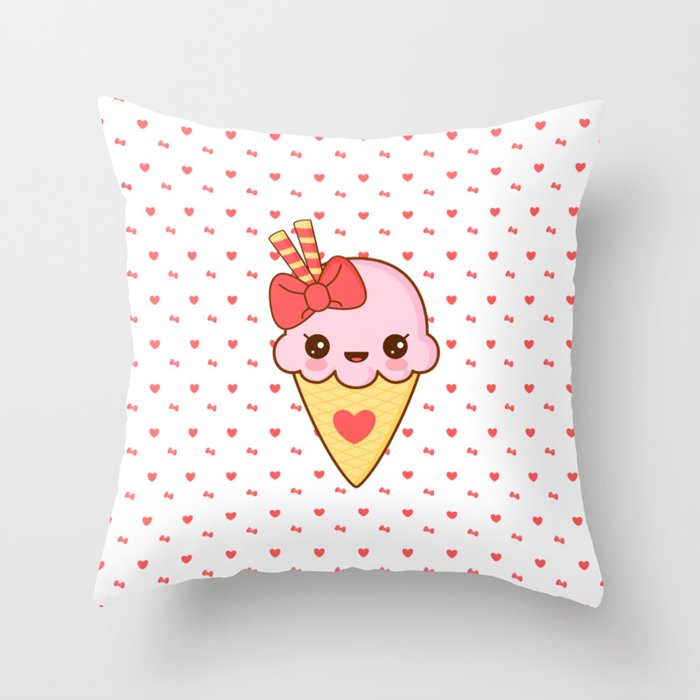 Kawaii Strawberry Ice Cream Cone Throw Pillow