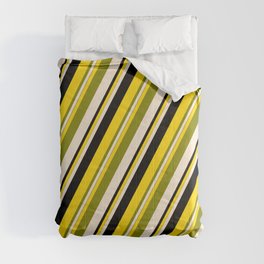 [ Thumbnail: Yellow, Green, Beige, and Black Colored Lines/Stripes Pattern Comforter ]
