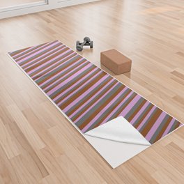 [ Thumbnail: Dim Gray, Plum & Brown Colored Stripes Pattern Yoga Towel ]