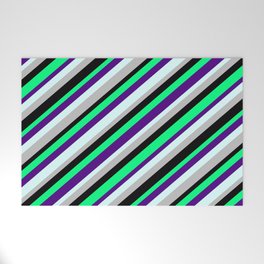 [ Thumbnail: Green, Indigo, Light Cyan, Grey, and Black Colored Lines Pattern Welcome Mat ]