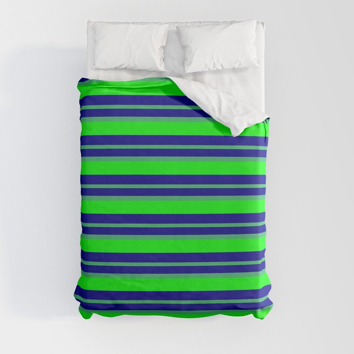 Dark Blue, Sea Green & Lime Colored Lined/Striped Pattern Duvet Cover