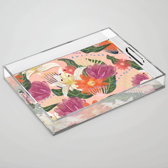 peach watercolor floral pattern Acrylic Tray