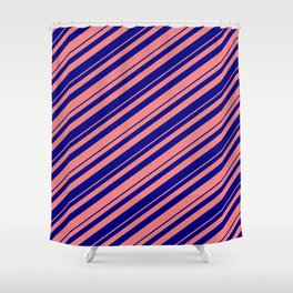 [ Thumbnail: Blue and Light Coral Colored Lined Pattern Shower Curtain ]