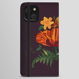 Pillow. Vintage floral embroidery design on black background. Bird, Red Poppy and yellow Lily flowers. Vintage illustration iPhone Wallet Case