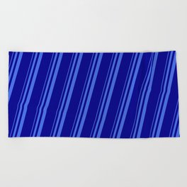 [ Thumbnail: Royal Blue & Dark Blue Colored Striped Pattern Beach Towel ]