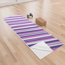 [ Thumbnail: Dark Slate Blue, Orchid, and Mint Cream Colored Pattern of Stripes Yoga Towel ]