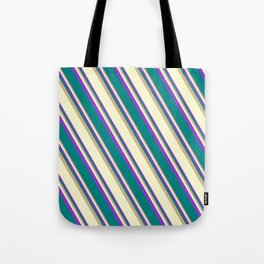 [ Thumbnail: Tan, Light Yellow, Dark Orchid, and Teal Colored Stripes Pattern Tote Bag ]