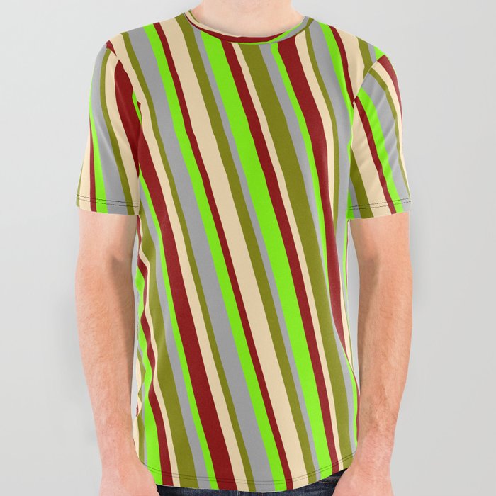 Eye-catching Dark Grey, Green, Beige, Dark Red, and Chartreuse Colored Lined/Striped Pattern All Over Graphic Tee