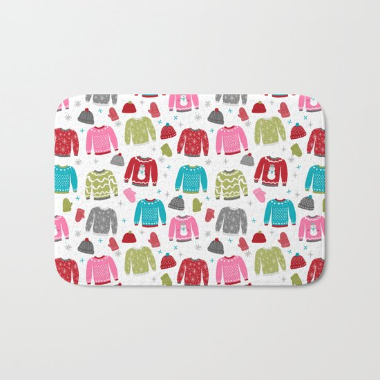 Sweaters festive outfit skiing winter sports cross country ski ugly sweater party Bath Mat