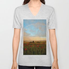 Red poppy fields of Tuscany with rainbow after storm color photographic art print photography / photography for kitchen, dining room, home and wall decor V Neck T Shirt