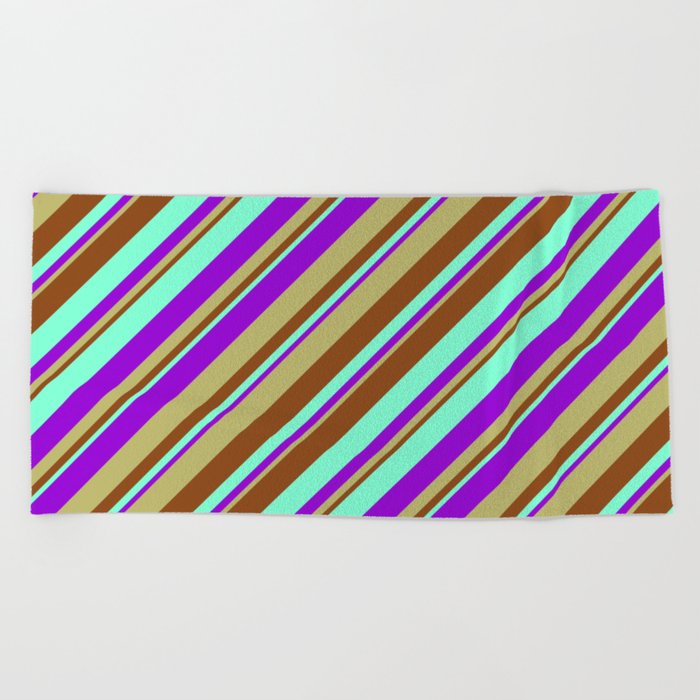 Aquamarine, Dark Violet, Dark Khaki, and Brown Colored Stripes/Lines Pattern Beach Towel