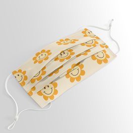 70s Retro Smiley Floral Face Pattern in yellow and beige Face Mask