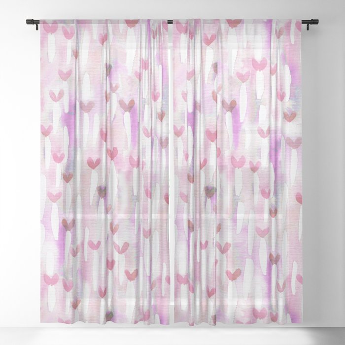 Pink Watercolor Hearts for Her Sheer Curtain