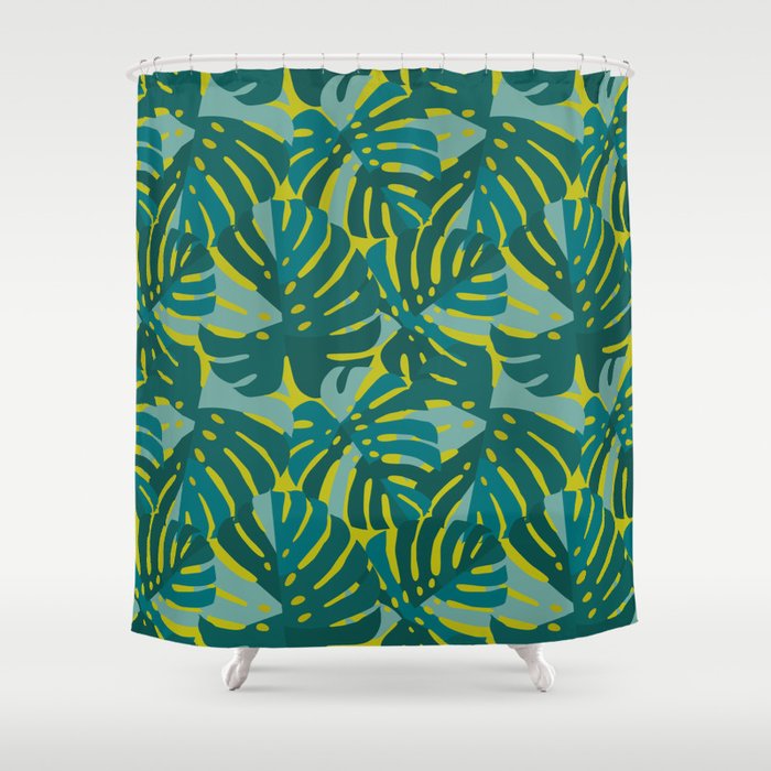 Monstera Leaves in Teal Shower Curtain