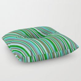 [ Thumbnail: Turquoise, Slate Gray, Dark Olive Green, Light Blue, and Green Colored Striped/Lined Pattern Floor Pillow ]