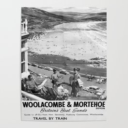 retro monochrome Woolacombe and Morthehoe retro poster Poster