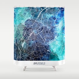 Brussels Belgium Map Navy Blue Turquoise Watercolor Shower Curtain