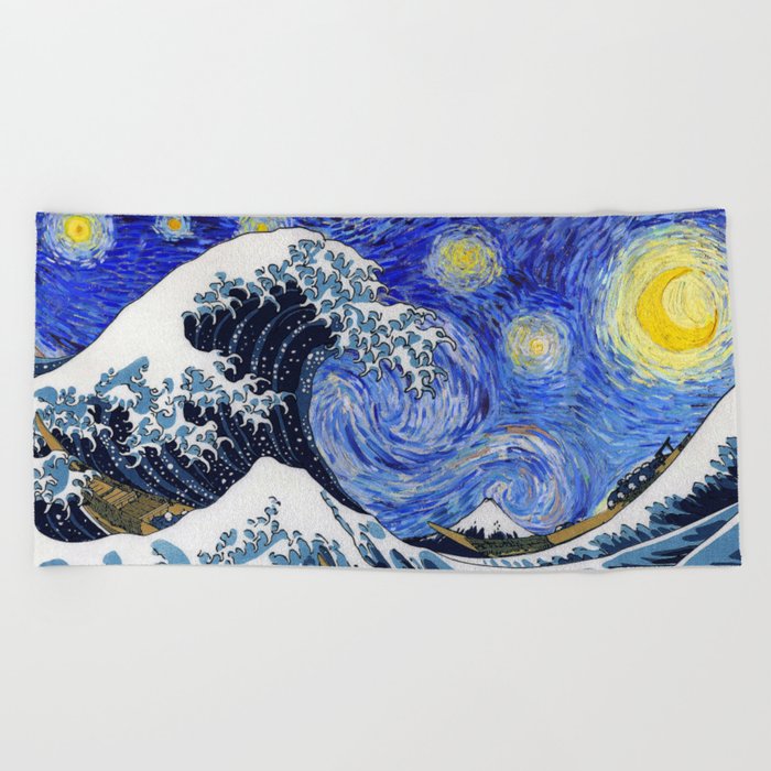 Hokusai,“The Great Wave off Kanagawa” + van Gogh,“Starry night” Beach Towel