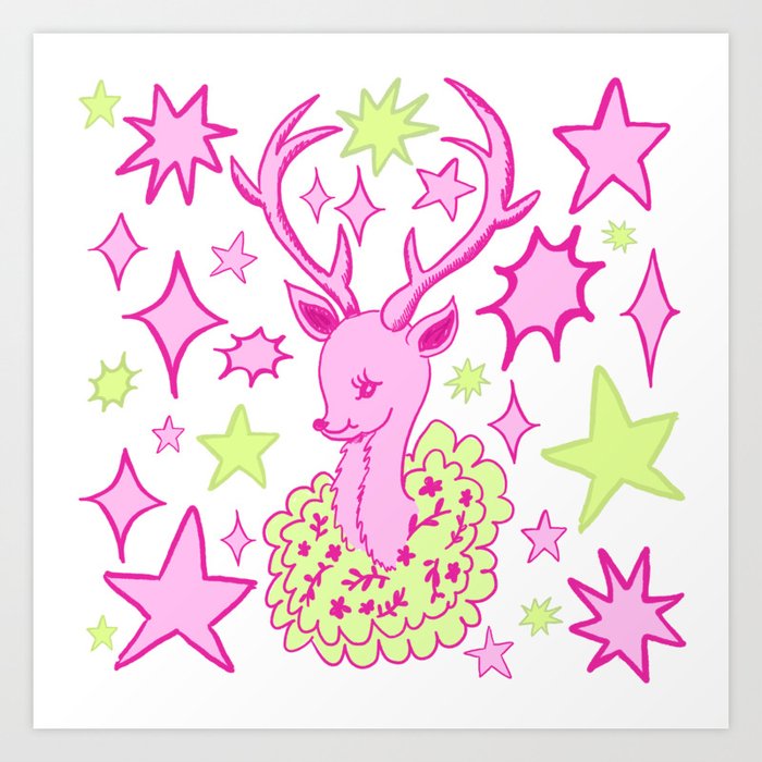 Majestic and Cute Deer with Antlers, Pink and Green Art Print