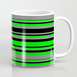 [ Thumbnail: Lime, Gray, and Black Colored Striped/Lined Pattern Coffee Mug ]