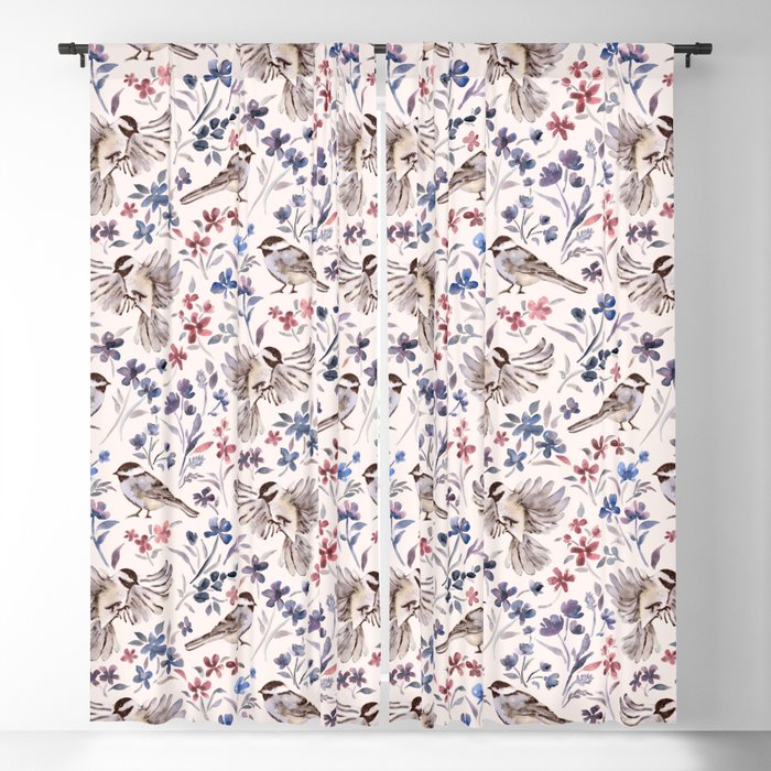 Chickadees and Wildflowers on cream Blackout Curtain