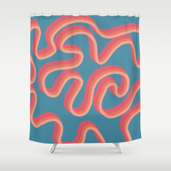 Ela - Red and Blue Retro Line Swirl Pattern  Shower Curtain