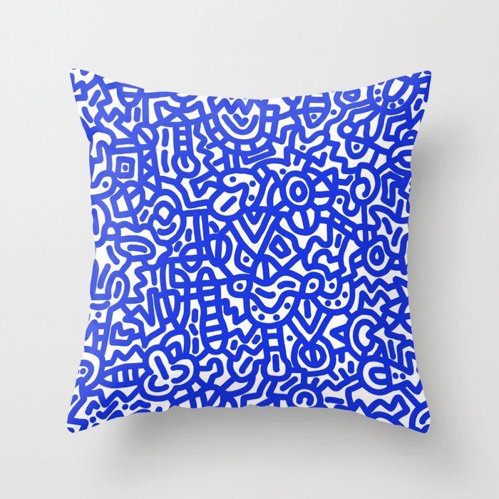 Cobalt Blue on White Doodles Throw Pillow