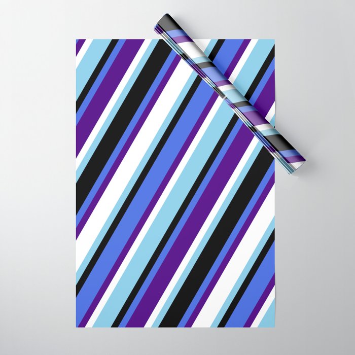 Royal Blue, Indigo, White, Sky Blue, and Black Colored Lines/Stripes Pattern Wrapping Paper