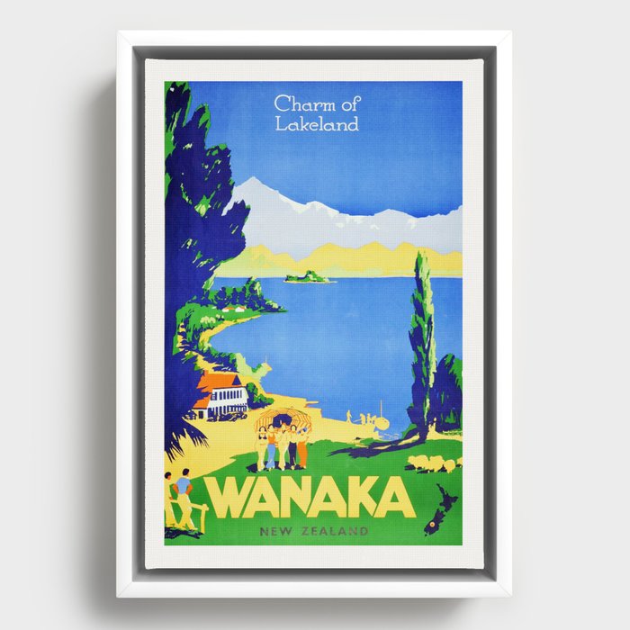 New Zealand Lake Wanaka Vintage Travel Poster 1930s - Charm of Lakeland Wall Art Framed Canvas