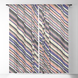[ Thumbnail: Colorful Dim Grey, Light Salmon, Midnight Blue, Light Yellow & Black Colored Lines Pattern Sheer Curtain ]