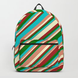[ Thumbnail: Eyecatching Dark Turquoise, Dark Salmon, Light Yellow, Red & Green Colored Stripes Pattern Backpack ]