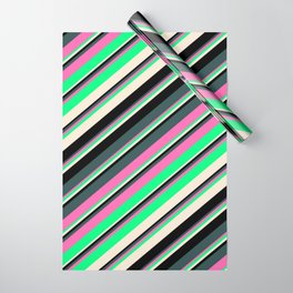 [ Thumbnail: Eyecatching Dark Slate Gray, Hot Pink, Green, Beige, and Black Colored Lines Pattern Wrapping Paper ]