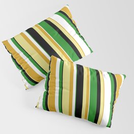 [ Thumbnail: Colorful Goldenrod, Tan, Black, Forest Green & White Colored Stripes Pattern Pillow Sham ]