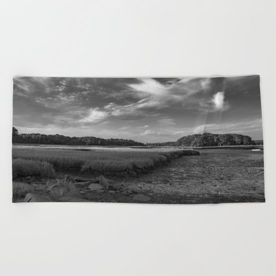 Sky and Marsh Black and white Beach Towel