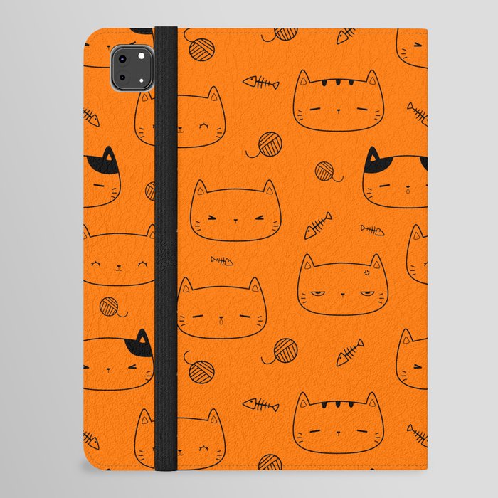 Orange and Black Doodle Kitten Faces Pattern iPad Folio Case