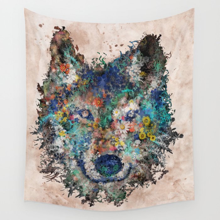 floral animals wolf Wall Tapestry