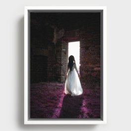 Dreams of lavender; female in beautiful white gown on spring morning walking into sunlight portrait magical realism fantasy color photograph / photography Framed Canvas