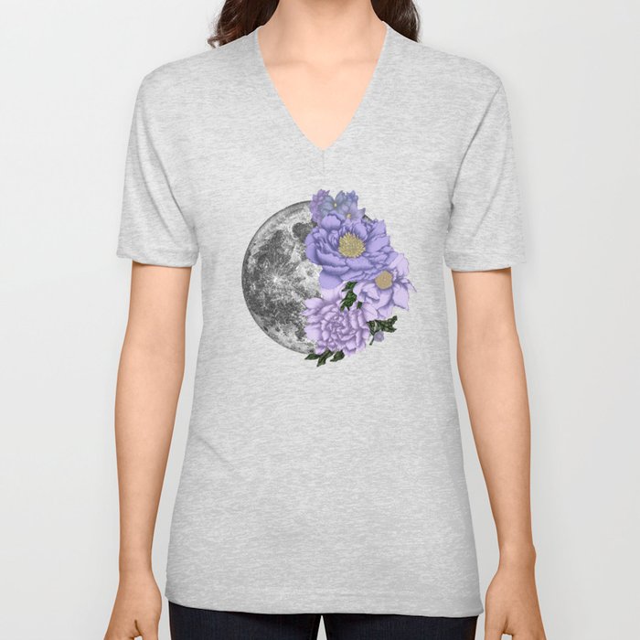 Moon Abloom in Lavendar and Periwinkle V Neck T Shirt