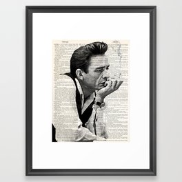 Johnny Cash smoking a cigarette over Vintage Dictionary Page Framed Art Print