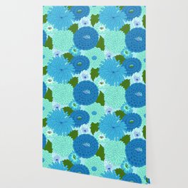 Retro Blue Floral Pattern Wallpaper