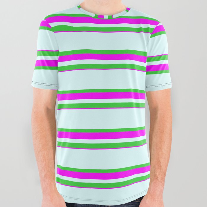 Light Cyan, Lime Green & Fuchsia Colored Lines Pattern All Over Graphic Tee