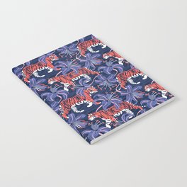 Tigers in a tiger lily garden // textured navy blue background coral wild animals very peri flowers Notebook