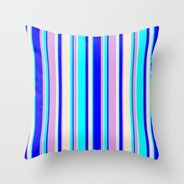 [ Thumbnail: Aqua, Beige, Plum & Blue Colored Lined Pattern Throw Pillow ]