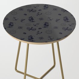 Dark Grey And Blue Silhouettes Of Vintage Nautical Pattern Side Table